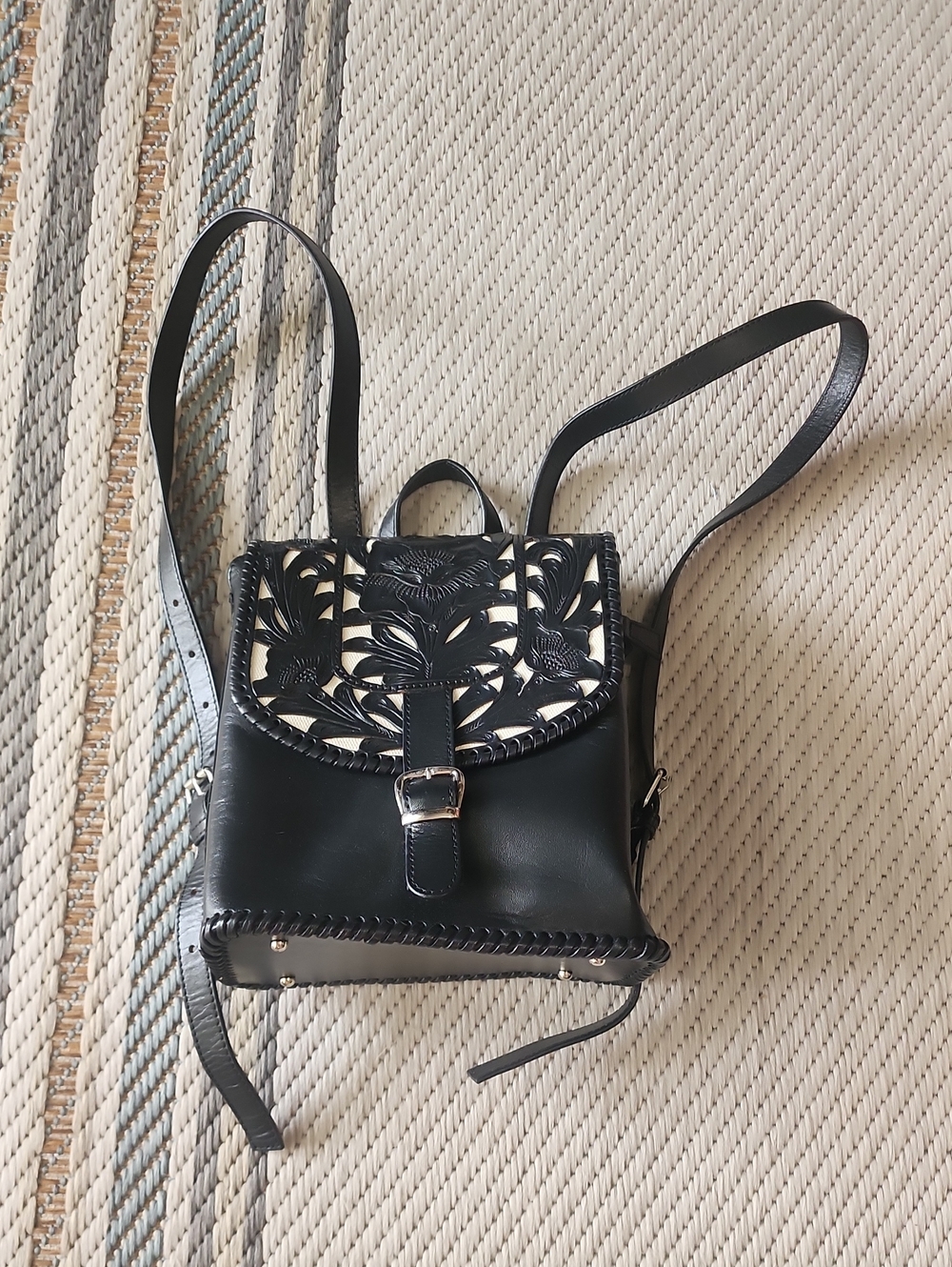 Black Leather Mini Backpack with Floral Cutout Flap
